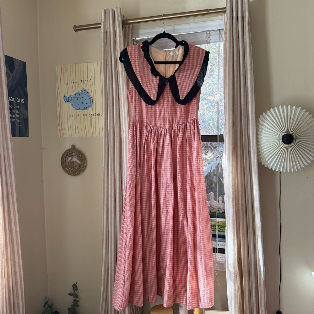 Ghospell Pink Gingham Maxi Dress with Black Collar